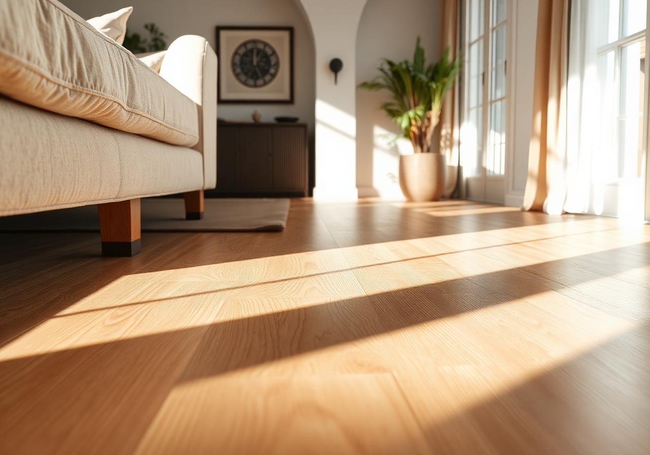 Détail du parquet bois clair sous la lumière du matin