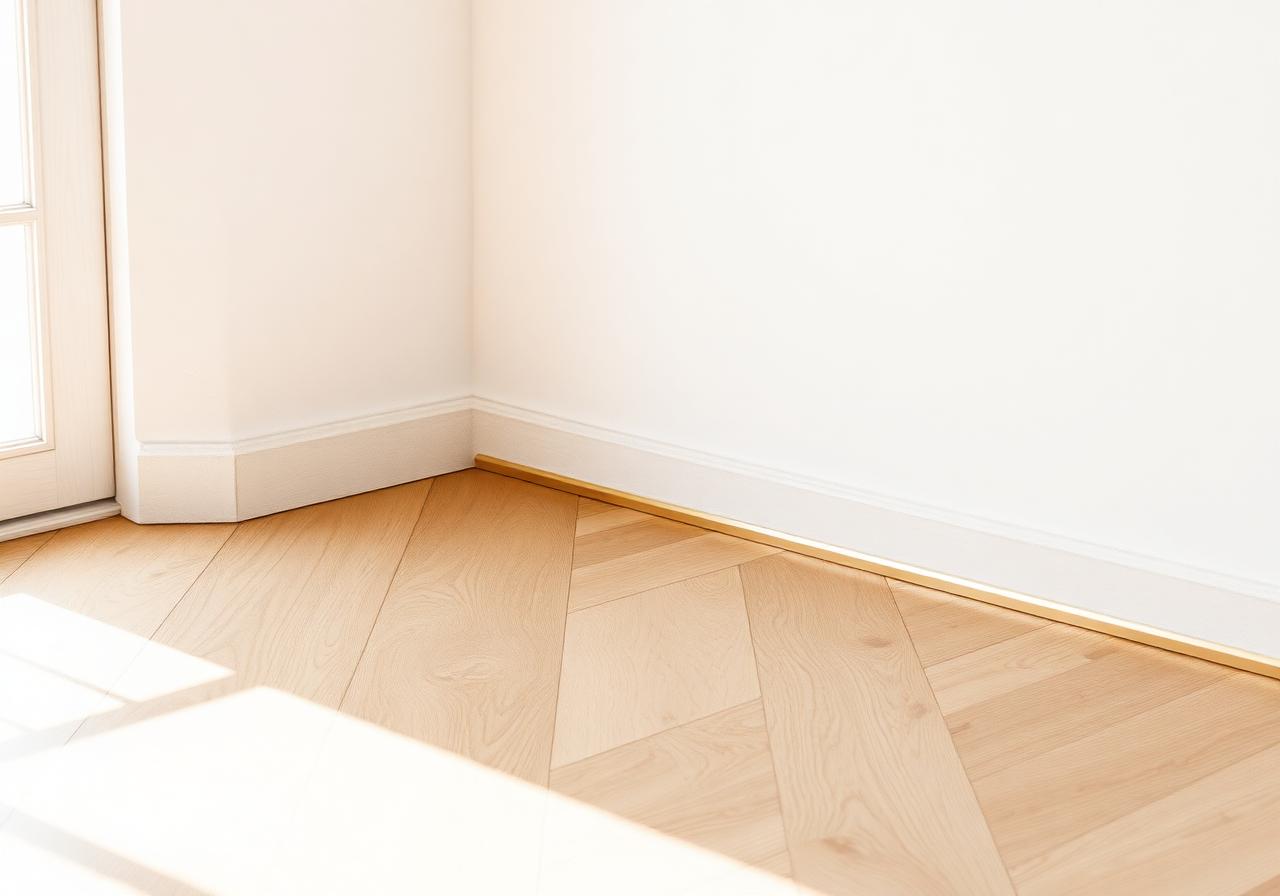 Raccord du parquet avec la plinthe et le mur blanc