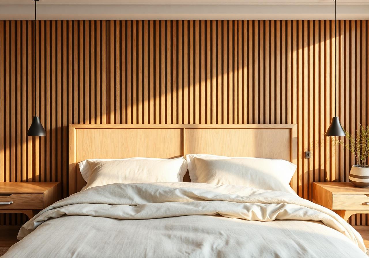 Tête de lit avec mur en lambris bois vertical