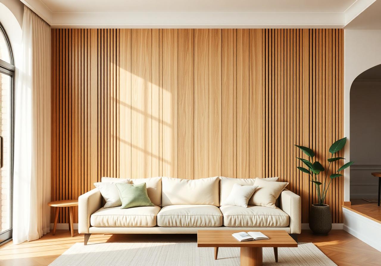 Mur d'accent en lambris vertical de bois dans un salon
