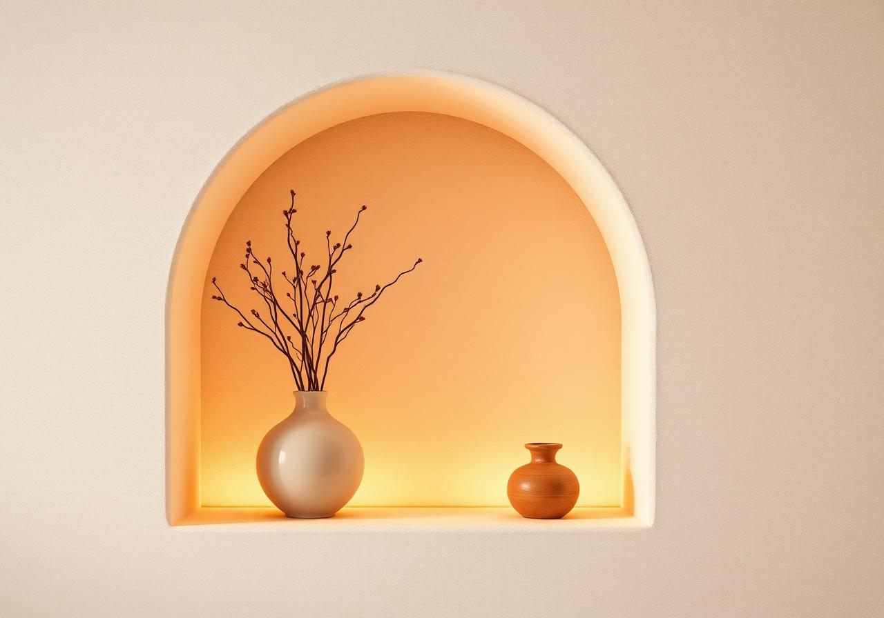 Niche murale en arche éclairée avec une plante et un vase