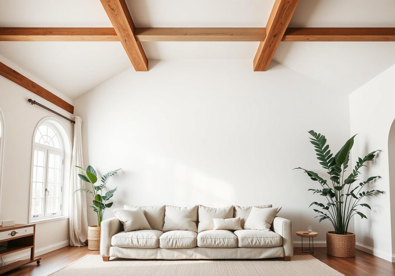Salon avec plafond et poutres bois apparentes
