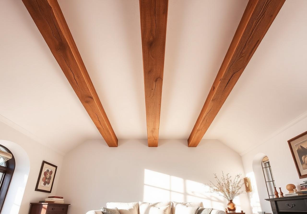 Plafond blanc avec poutres décoratives en bois patiné