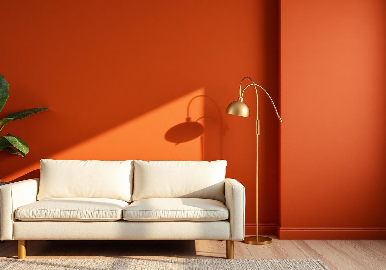 Mur terracotta avec canapé crème et lampadaire laiton