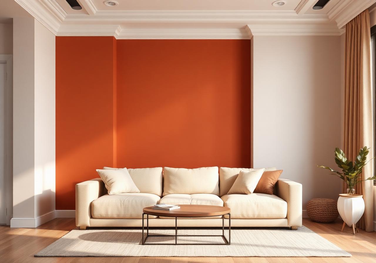 Salon avec un mur d'accent peint en terracotta profond