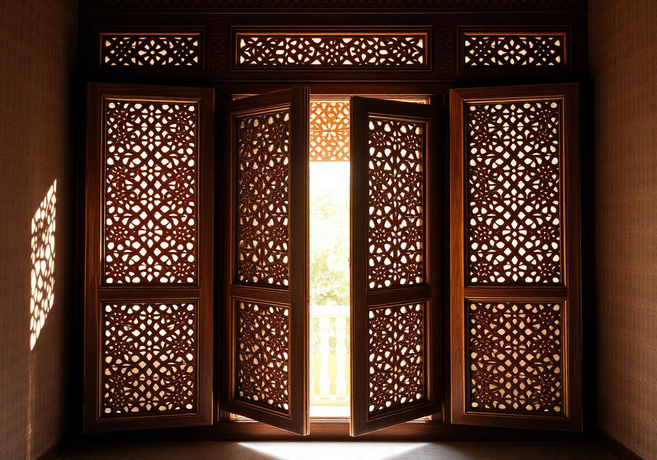 Volets en bois sculpté motif moucharabieh