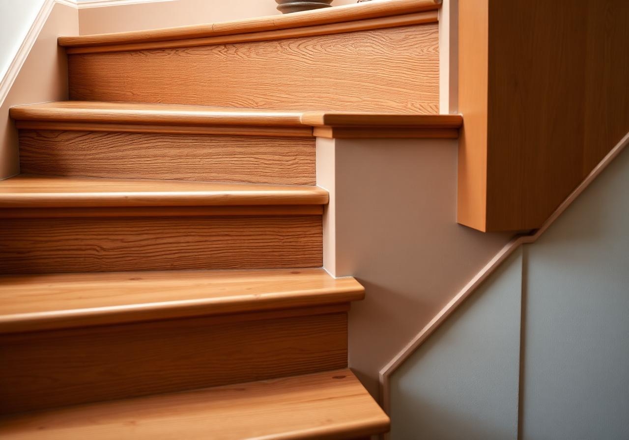 Détail des marches en bois et contremarches peintes