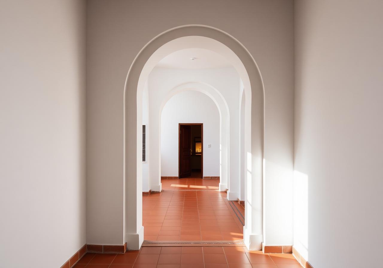 Suite d'arches dans un couloir blanc