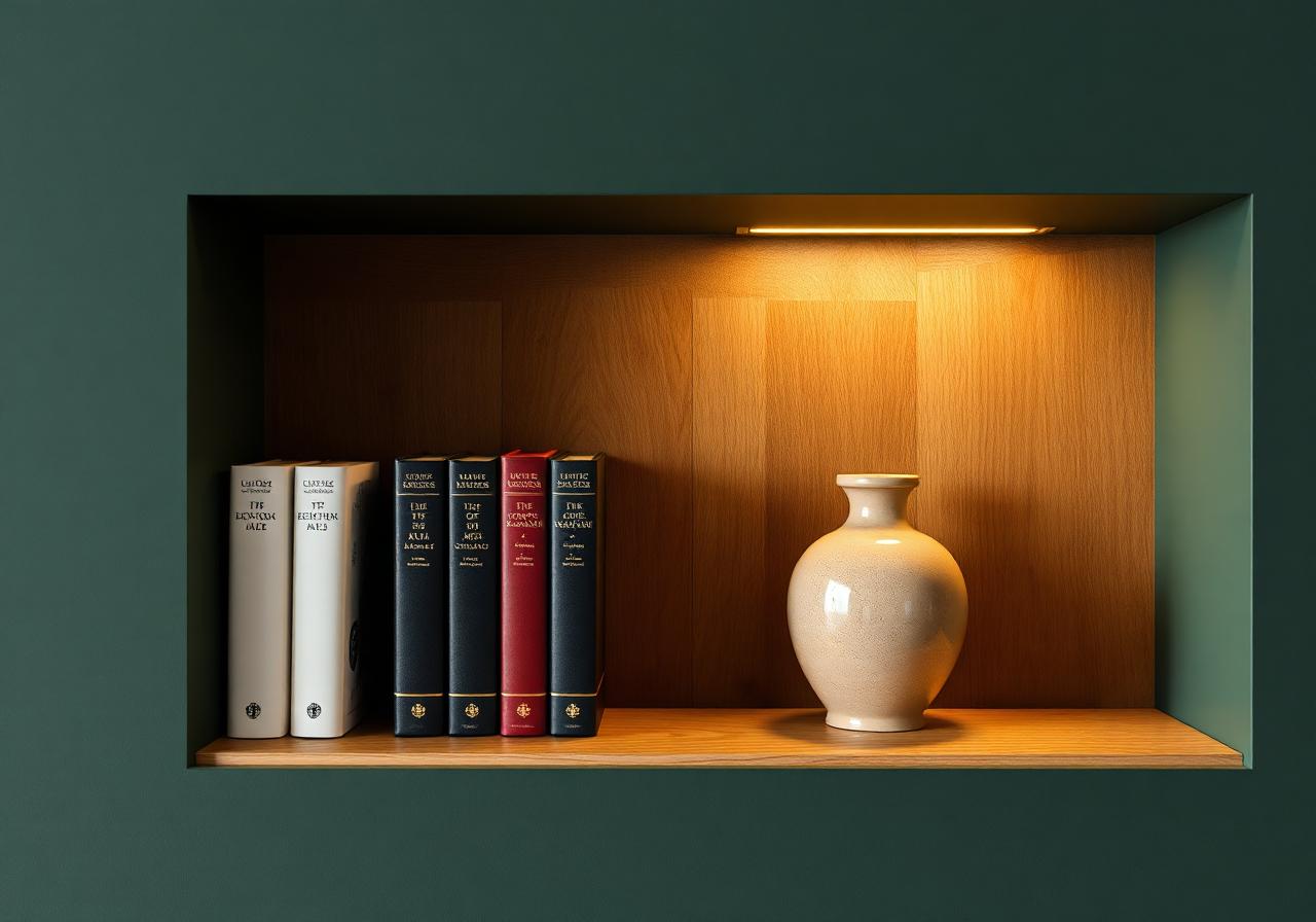 Niche fond vert avec étagère bois et livres