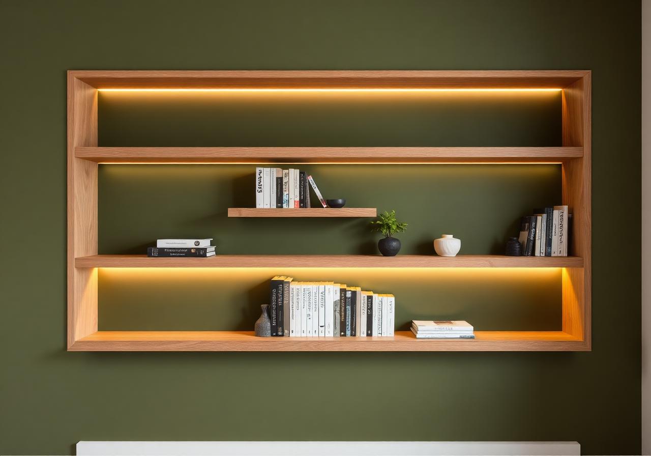 Niche murale avec étagères en bois et objets décoratifs